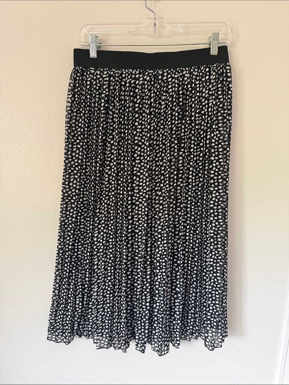 Rachel Zoe Black and White Pleated Midi Skirt Spotted Dot Print Large